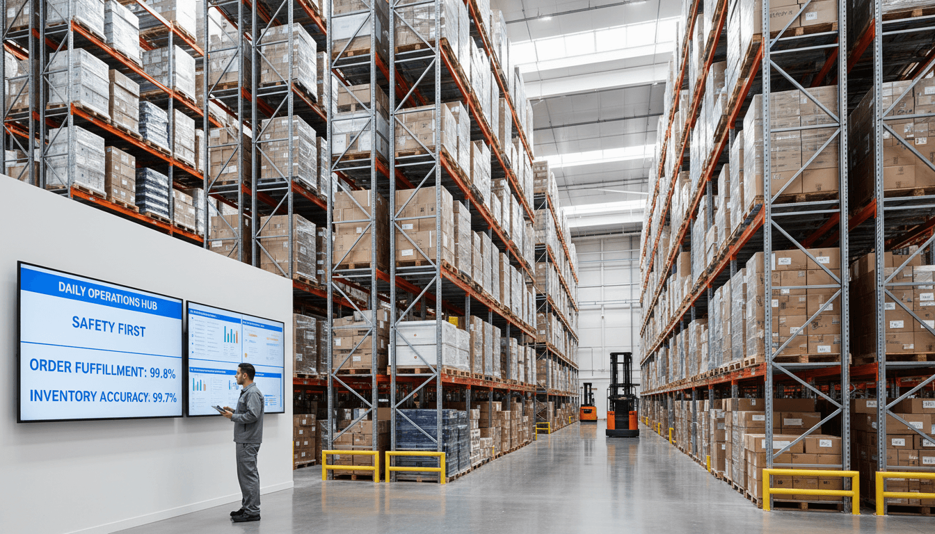 Organized warehouse with visual communication systems and team collaboration