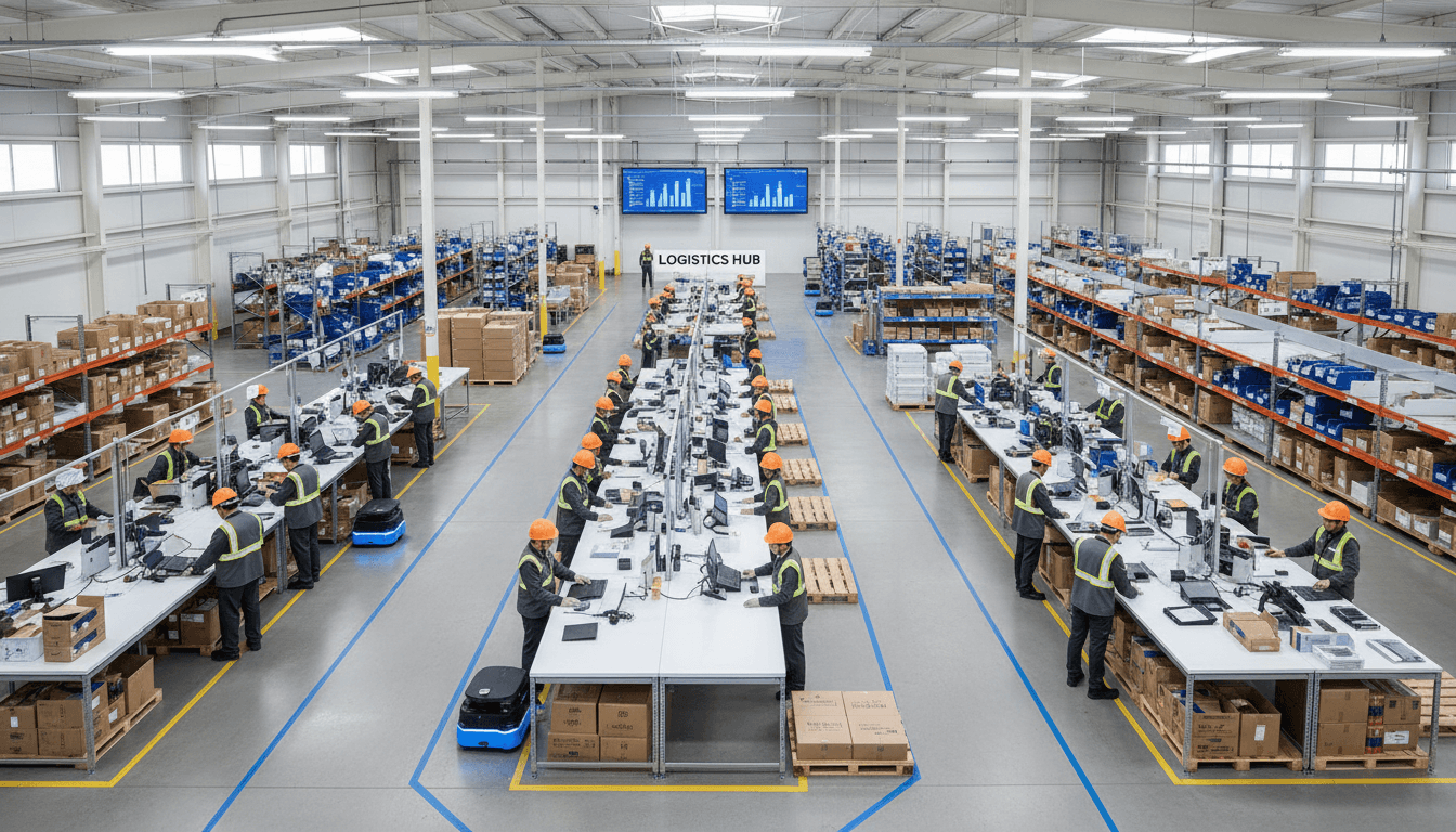 Warehouse logistics team collaborating at a modern operations desk